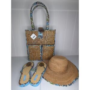 NWT Vera Bradley Bali Blue Tiki TOTE Purse Summer Wicker w/ Sandals & Summer Hat